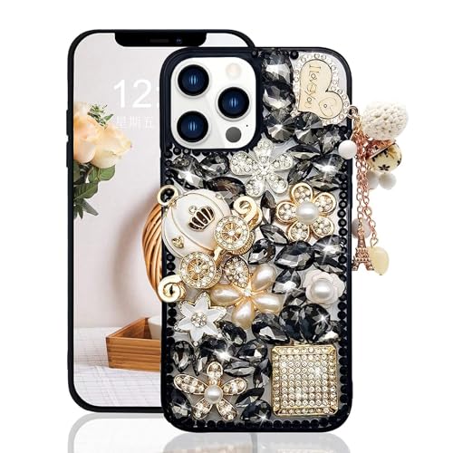 Guppy Glitzer-Schutzhülle für iPhone 16 Pro, luxuriös, Strasssteine, 3D- und Blumen-Edelstein, Kürbis, Autoturm-Anhänger, weiche TPU-Rückseite, kompatibel mit Frauen, Schwarz Guppy Glitzer-Schutzhülle für iPhone 16 Pro, luxuriös, Strasssteine, 3D- und Blumen-Edelstein, Kürbis, Autoturm-Anhänger, weiche TPU-Rückseite, kompatibel mit Frauen, Schwarz von Guppy