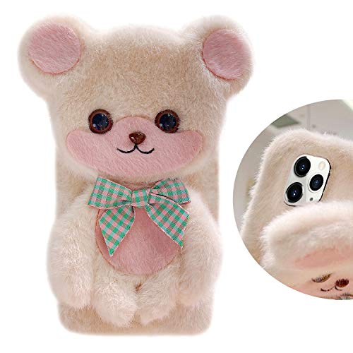 Guppy Kompatibel mit iPhone 14 Plus Fuzzy Plüsch Hülle Niedlich 3D Lustig Cartoon Bär Handmade Flauschige Pelz Schleife Winter Warm Glatt für Frauen Mädchen Weiche Haare Kamera Schutzhülle Weiß von Guppy