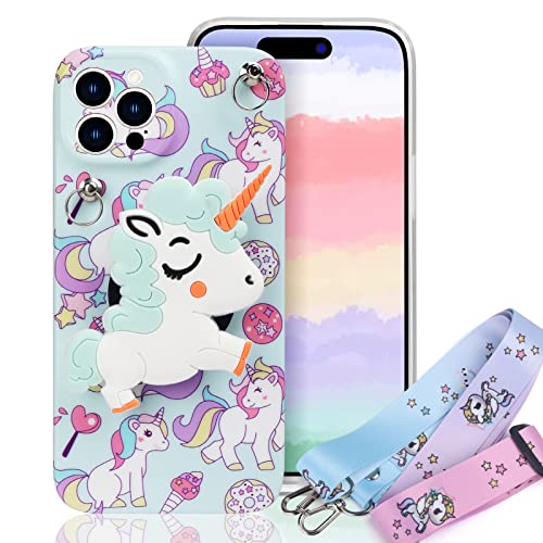 Guppy Kompatibel mit iPhone 15 Pro Max 2023 Frauen 3D Cute Cartoon Einhorn Kawaii Stil mit Laryard und Ständer Schutzhülle TPU und IMD Anti-Rutsch Mädchen Hülle Kompatibel mit iPhone 15 Pro Max 2023 von Guppy