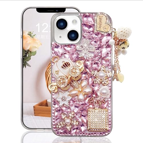 Guppy Schutzhülle für iPhone 14, glitzernd, luxuriös, mit Strasssteinen, 3D-Parfümflasche und Blumen-Edelstein, Kürbis, Autoturm-Anhänger, Perle, weiche TPU-Rückseite, Rosa von Guppy