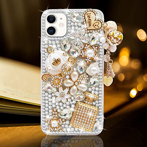 Guppy für iPhone 12/12 Pro Hülle Frauen Luxus 3D Bling Glänzend Strass Diamant Kristall Perle Handgemachte Anhänger Eisen Turm Kürbis Auto Blumen Weich Schutz Anti-Fall Hülle für iPhone 12 6,1 Zoll von Guppy