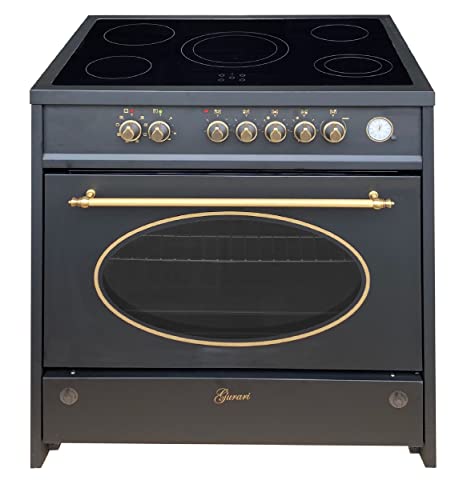 GURARI Elektro Standherd 90 cm GCH E 912 BL Retro Glaskeramik Herd Schwarz | Range Coocker 121 L | Heißluft | Grill | 5 Kochzonen | Freistehender von Gurari