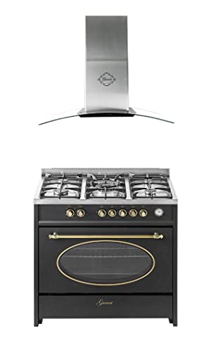 GURARI Gas Standherd, Herdset GCH E 914 BL r + GCH T 465 IS 90 BL Prime, Retro Backofenset 90 cm, Range Coocker 121 L, Schwarz + Dunstabzugshaube, Wandhaube 90 cm, Edelstahl mit Glas, Abluft/Umluft GURARI Gas Standherd, Herdset GCH E 914 BL r + GCH T 465 IS 90 BL Prime, Retro Backofenset 90 cm, Range Coocker 121 L, Schwarz + Dunstabzugshaube, Wandhaube 90 cm, Edelstahl mit Glas, Abluft/Umluft von Gurari