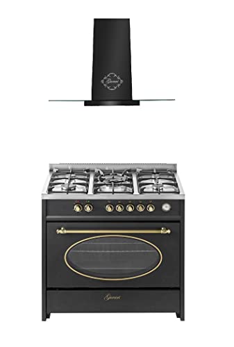 GURARI Gas Standherd, Herdset GCH E 914 BL r + GCH T 466 90 BL Prime, Retro Backofenset 90 cm, Range Coocker 121 L, Schwarz + Dunstabzugshaube, Wandhaube 90 cm, Schwarz mit Glas, Abluft/Umluft GURARI Gas Standherd, Herdset GCH E 914 BL r + GCH T 466 90 BL Prime, Retro Backofenset 90 cm, Range Coocker 121 L, Schwarz + Dunstabzugshaube, Wandhaube 90 cm, Schwarz mit Glas, Abluft/Umluft von Gurari
