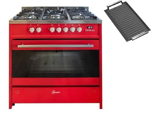 GURARI Gas Standherd 90 cm in Rot GCH E 911 R + Grillplatte Gasherd mit Elektrobackofen 121 L | Range Coocker 5 Kochzonen 3,8 kW WOK | Freistehender Gasherd Propangas/Erdgas von Gurari