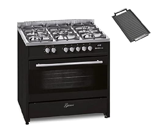 GURARI Gasherd mit Elektrobackofen GCH E 911 BL Schwarz Gas Standherd 90 cm | Range Coocker 5 Kochzonen | Freistehender Gasherd Propangas/Erdgas | Elektro Backofen 121 L | Inkl.WOK Adapter+Grillplatte von Gurari