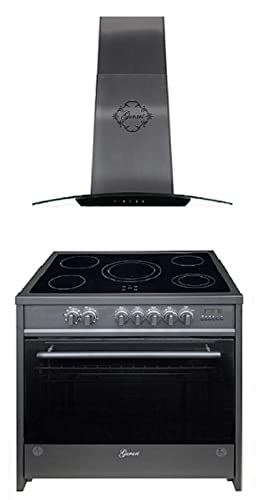 GURARI Herdset Elektro-Standherd GCH E 912 BL+GCH T 465 IS 90 BL PRIME, Backofen Set 90 cm, Edelstahl, Range Coocker, 121 L+Dunstabzugshaube, Deckenhaube 120 cm 1000m3/h, Schwarzglas Blende, Edelstahl von Gurari