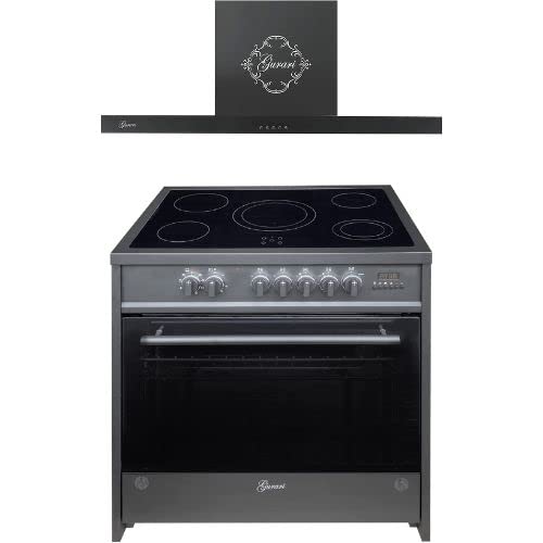 GURARI Herdset Elektro-Standherd GCH E 912 BL + GCH 461 BL 9, Backofen Set 90 cm, 121 L, Schwarz + Dunstabzugshaube 90 cm 1000m³/h Wandhaube in Schwarz Glas, Umluft-/ Ablufthaube von Gurari