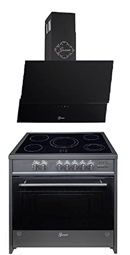 GURARI Herdset Elektro-Standherd GCH E 912 BL + GCH D 268 BL 9 PRIME, Backofen Set 90 cm, 121 L, Schwarz + Dunstabzugshaube 90 cm 1000m³/h Wandhaube in Schwarz Glas, Umluft-/ Ablufthaube von Gurari