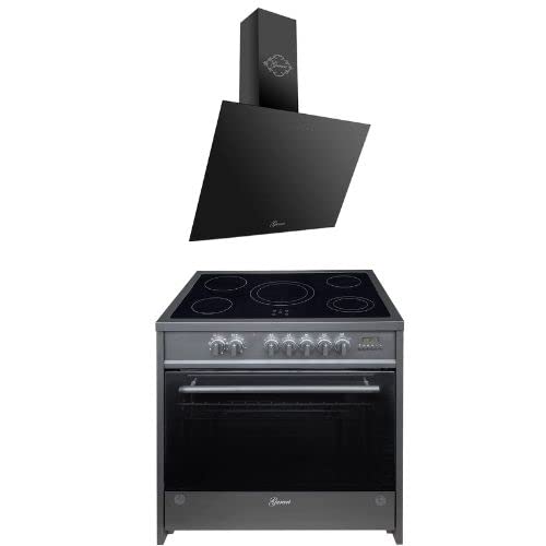 GURARI Herdset Elektro-Standherd GCH E 912 BL + GCH D 286 BL 9 PRIME, Backofen Set 90 cm, 121 L, Schwarz + Dunstabzugshaube 90 cm 1000m³/h Wandhaube in Schwarz Glas, Umluft-/ Ablufthaube von Gurari