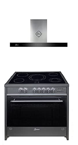 GURARI Herdset Elektro-Standherd GCH E 912 BL + GCH F 462 IS 9 PRIME, Backofen Set 90 cm, Schwarz, Range Coocker, 121 L+Dunstabzugshaube, Deckenhaube 120 cm 1000m³/h, Schwarz Glas Panel von Gurari