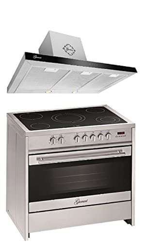 GURARI Herdset Elektro-Standherd GCH E 912 X + GCH F 462 IS 9 PRIME, Backofen Set 90 cm, Schwarz, Range Coocker, 121 L + Dunstabzugshaube, Deckenhaube 120 cm 1000m3/h, Schwarz Glas, Edelstahl von Gurari