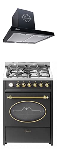 GURARI Herdset GCH G 614 BR + GCH F 462 BL 6 PRIME, Gas Standherd 60 cm Erdgas Fl.Gas 4 Kw WOK Gasgrill, 55 L + Dunstabzugshaube 60 cm, 1000m³/h Wandhaube, Schwarz, Full Touch, EEK A von Gurari