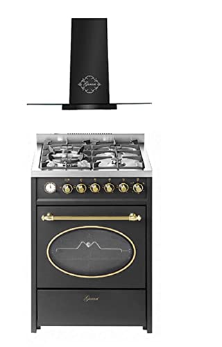 GURARI Herdset GCH G 614 BR + GCH T 466 60 BL Prime, Gas Standherd 60 cm Erdgas Fl.Gas 4 Kw WOK Gasgrill/55 L+Dunstabzugshaube 60 cm 1000m³/h Wandhaube in schwarz mit Glas, EEK A von Gurari