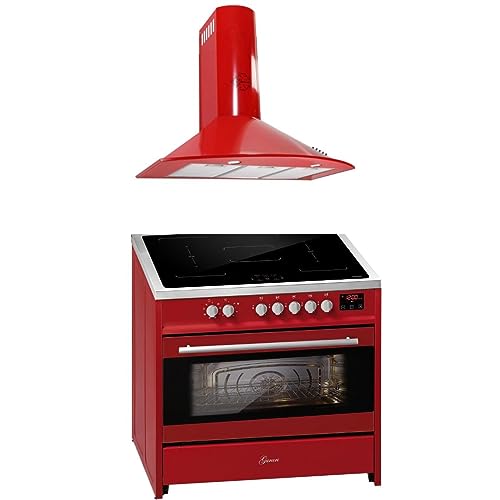 GURARI Induktions-Standherd E 913 R + GCH 046 RD 9, Range Cooker/Elektro Standherd 90 cm FLEX Induktionskochfeld + Dunstabzugshaube 90 cm, Rot von Gurari