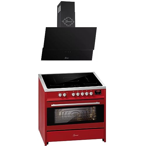 GURARI Induktions-Standherd E 913 R + GCH 268 Bl 9 Prime, Range Cooker/Elektro Standherd 90 cm FLEX Induktionskochfeld + Dunstabzugshaube 90 cm, Rot von Gurari