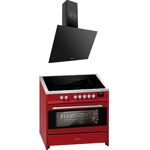 GURARI Induktions-Standherd E 913 R + GCH 286 BL 9 Prime, Range Cooker/Elektro Standherd 90cm FLEX Induktionskochfeld + Dunstabzugshaube 90 cm, Rot von Gurari