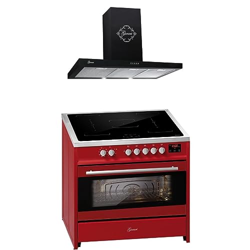 GURARI Induktions-Standherd E 913 R + GCH 461 BL 9, Range Cooker/Elektro Standherd 90 cm FLEX Induktionskochfeld + Dunstabzugshaube 90 cm, Rot von Gurari