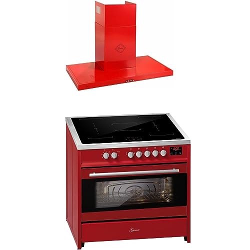 GURARI Induktions-Standherd E 913 R + GCH 461 RD 9, Range Cooker/Elektro Standherd 90 cm FLEX Induktionskochfeld + Dunstabzugshaube 90 cm, Rot von Gurari