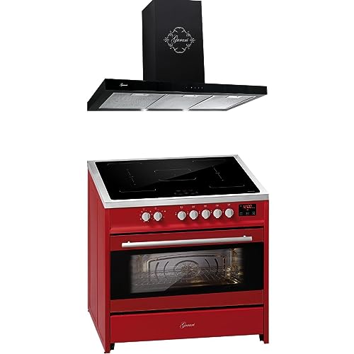 GURARI Induktions-Standherd E 913 R + GCH 462 BL 9 Prime Range Cooker/Elektro Standherd FLEX Induktionskochfeld + Dunstabzugshaube 90 cm, Rot von Gurari