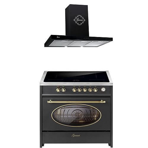 GURARI Induktions-Standherd E 913 RU BL+ GCH F 462 BL 9 Prime, Retro Range Cooker 90 cm/FLEX ZONEN/ 5 Zonen / 121L + Dunstabzugshaube 90 cm von Gurari