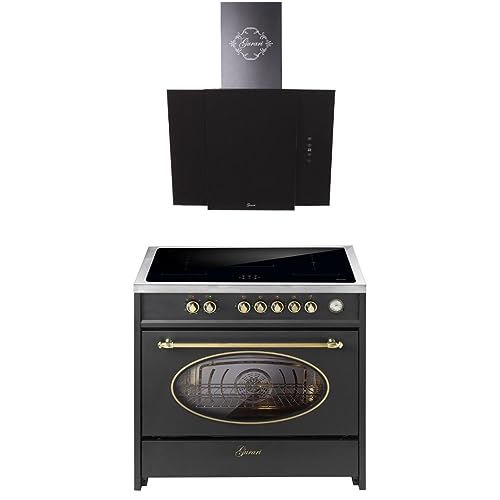 GURARI Induktions-Standherd E 913 RU BL+ GCH S 171 BL 90 Prime, Retro Range Cooker 90 cm/FLEX ZONEN/ 5 Zonen / 121L + Dunstabzugshaube 90 cm von Gurari