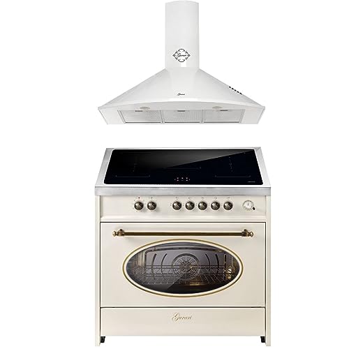 GURARI Induktions-Standherd E 913 RU CR+GCH 046 WH 9, Retro Range Cooker 90 cm+Dunstabzugshaube 90 cm von Gurari