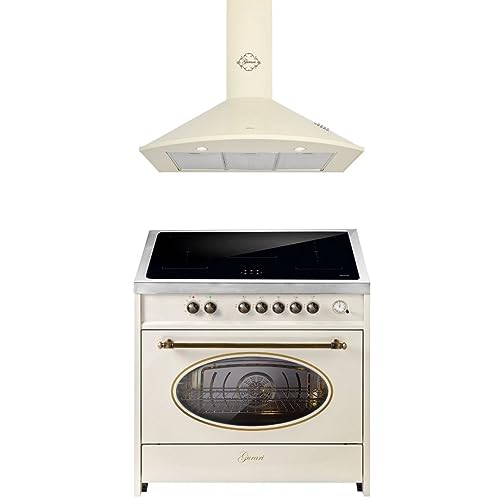 GURARI Induktions-Standherd E 913 RU CR+GCH C 046 BG 9, Retro Range Cooker 90 cm+Dunstabzugshaube 90 cm von Gurari