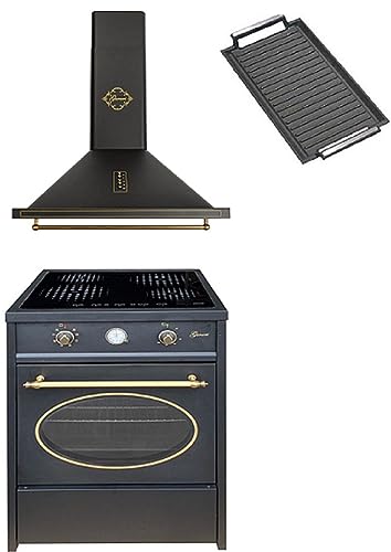 GURARI Induktions-Standherd GCH E 612 BL r+GCH 975 Bl 6 +Grillplatte, Retro Induktions Standherd 60 cm/ 60 L+Dunstabzugshaube 60cm von Gurari