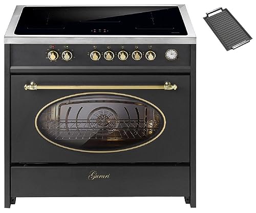 GURARI Herd mit Induktionskochfeld 90 cm 913 RU BL+Grillplatte Retro Standherd Induktions in Schwarz | Freistehender Range Coocker mit 5 Induktionszonen (2 Flex Zone) alle mit Booster von Gurari