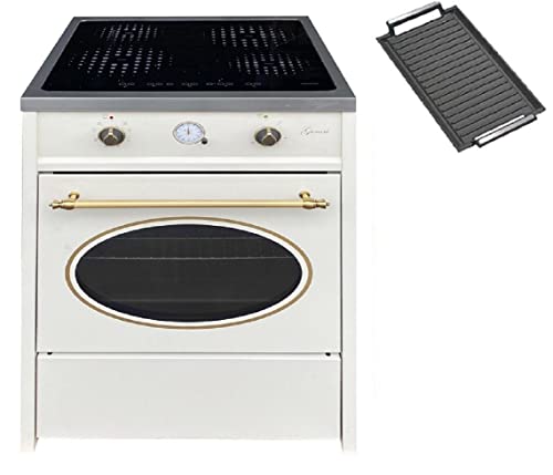 GURARI Standherd Induktionskochfeld 60 cm GCH E 612 Cr r + Grillplatte aus Gusseisen | Retro Range Coocker Induktionsherd mit Backofen 60 L | Heißluft | Grill | 4 Kochzonen | Herd Induktion in Creme von Gurari