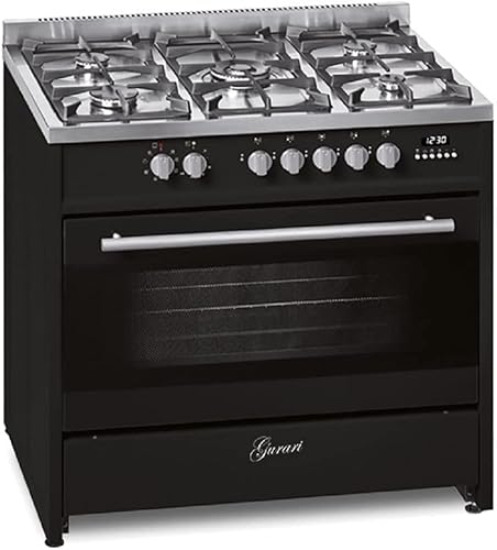 Gurari Gasherd mit Elektrobackofen GCH E 911 BL Gasherd 90 cm Schwarz | Range Coocker5 Kochzonen 3,8 kW WOK | Freistehender Gasherd Propangas/Erdgas | 8 Multifunktions Elektro Backofen 121 L von Gurari