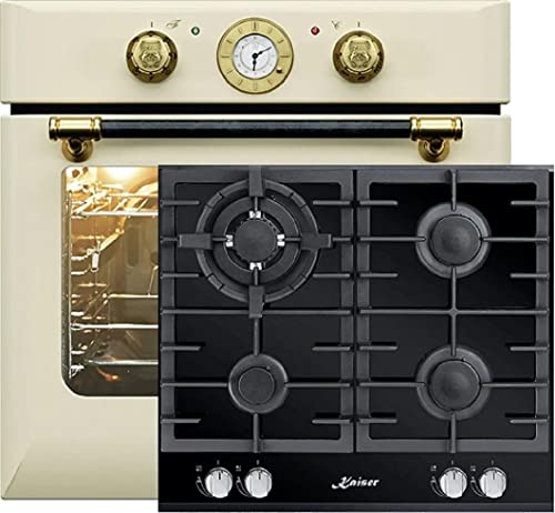 Kaiser Herdset Einbaubackofen EH 6432 ElfBE + KCG 6380 Turbo, Retro Einbau Backofen Elektro, Autark, 68 L, Drehspieß, 10 Funktionen+60cm, Schwarz Glas, Einbau Herd, 3,8kW WOK,Erdgas Fl.Gas von Gurari