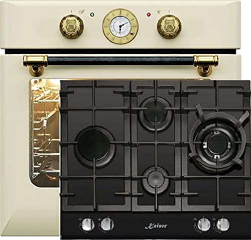 Kaiser Herdset Einbaubackofen EH 6432 ElfBE + KCG 6394 Turbo, Retro Einbau Backofen Elektro, Autark, 68 L, Drehspieß, 10 Funktionen+60cm, Schwarz Glas, Einbau Herd, 3,8kW WOK,Erdgas Fl.Gas von Gurari