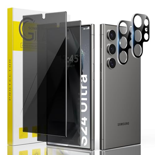 Guretok 2+2, Schutzfolie Sichtschutz für Samsung Galaxy S24 Ultra Screen Protector 6,8", 2 Anti-Spy Folie Glas für Samsung S24 Ultra mit 2 Kameraschutz, [Fingerabdruck-ID] [28° Privatsphäre] von Guretok