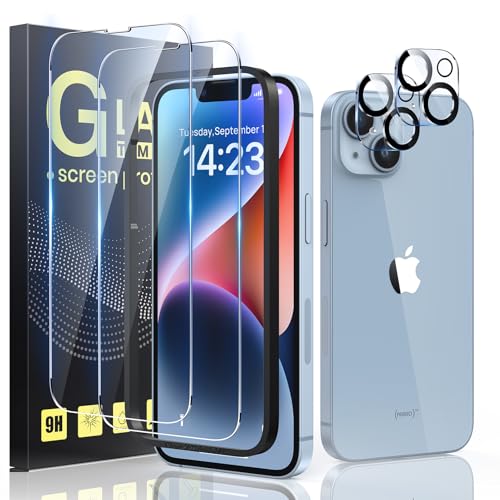 Guretok 2+2, Schutzfolie für iPhone 14 Schutzglas 6,1", 2 Stück Militärnorm 9H Härte Folie für iPhone 14 mit 2 Stück Kameraschutz, HD Klar Panzerfolie für iPhone 14 [Anti-Bläschen] [Kratzfest] von Guretok