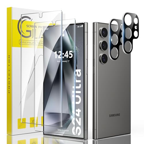 Guretok 2+2 Stück, Panzergla für Samsung Galaxy S24 Ultra Glas mit Kameraschutz 6,8", 9H HD-Klar Schutzfolie, Kratzfest Screen Protector, Fingerabdruck-ID Displayschutz Zubehör für Samsung S24 Ultra von Guretok