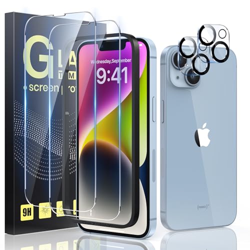 Guretok 2+2 für Panzerglas für iPhone 14 Plus mit Frame mit Kameraschutz 6,7", Militärnorm 9H Härte Schutzfolie HD Klar Panzerfolie für iPhone 14 Plus [Anti-Bläschen] [Kratzfest] von Guretok