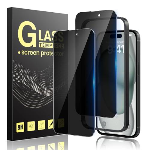 Guretok 2 Stück für Panzerglas Sichtschutz für iPhone 15 mit Rahmen 6,1 Zoll, Dunkle Schutzfolie für iPhone 15 Schutzglas Privacy [Kratzfest] [9H-Härte] [Anti-Spy Folie] von Guretok