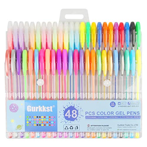 Gurkkst 48 Stück Gelschreiber Gelstifte Set Gel-Stifte für Erwachsene und Schüler Malbücher, Zeichnen und Schreiben(12 Metallic + 12 Glitzer + 12 Neon + 12 WaterChalk) von Gurkkst