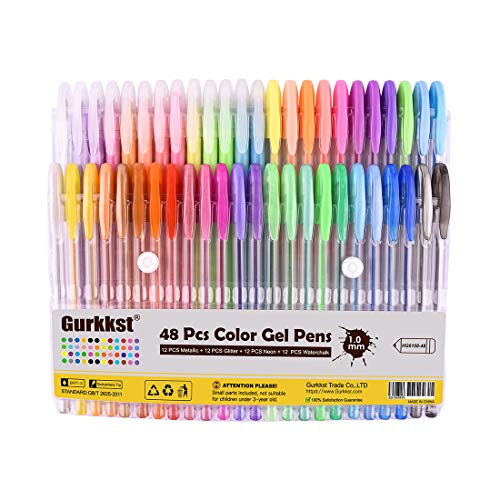 Gurkkst 48 Stück Glitzer Gelschreiber Gelstifte Multicolor Gel Stift Set für Erwachsene und Kinder Malbücher, Zeichnen und Schreiben(12 Metallic + 12 Glitzer + 12 Neon + 12 WaterChalk) von Gurkkst