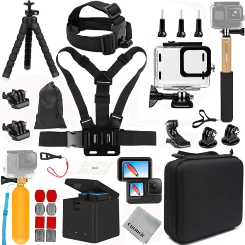 Gurmoir Zubehör-Set mit Akku und Ladegerät für GoPro Hero 11 10 9. Wasserdichtes Gehäuse + Selfie-Stick + 2 Akku + 3 Kanäle Ladestation kompatibel mit GoPro 11 10 9 (PT09) von Gurmoir