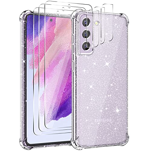 Guscase Glitzer Hülle für Samsung Galaxy S21 FE mit 3 Stück Schutzfolie & 3 Stück Kameraschutz, Stoßfeste Kratzfeste Schutzhülle Transparent Weiche Silikon TPU Handyhülle für Samsung Galaxy S21 FE 5G von Guscase