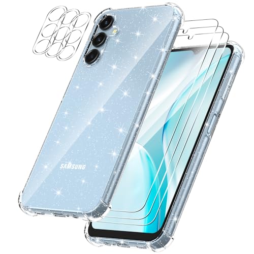 Guscase Hülle für Samsung Galaxy A14 4G/ 5G mit 3 Stück Schutzfolie und 3 Stück Kameraschutz, Stoßfeste Kratzfeste Schutzhülle Glitzer Transparent Weiche Silikon TPU Handyhülle für Samsung Galaxy A14 von Guscase