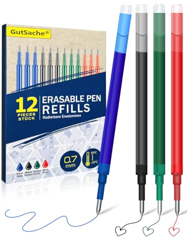 GutSache 12x Radierbare Ersatzminen für Pilot FriXion Ball & Clicker & Eberhard Faber Stifte, Thermosensitive Tintenpatronen, Bunte Radierbare Gelschreiberminen, Radierbare Tintenrolle, 4 Farben von GutSache