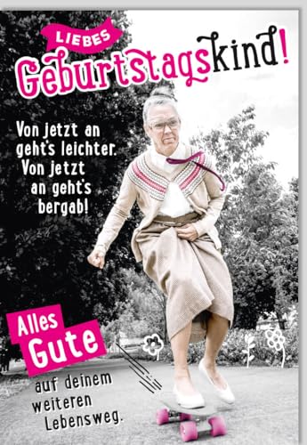 Geburtstagskarte mit witzigem Motiv: Oma auf Skateboard und dem Spruch "Von jetzt an geht's leichter, bergab! Alles Gute". Perfekt für Erwachsene & Senioren, inklusive Umschlag. von Gutsch Verlag