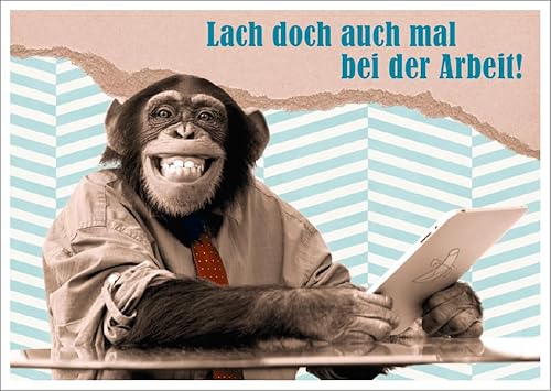 Gutsch Verlag Lustige Bürohumor Postkarte mit Affe in Hemd und Krawatte, Lach doch auch mal bei der Arbeit!' Motivationsspruch, Witzige Postkarte für Kollegen. von Gutsch Verlag