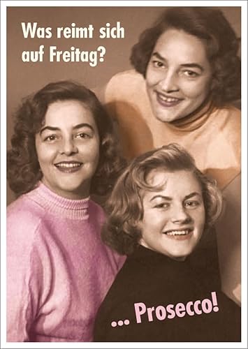 Gutsch Verlag Lustige Postkarte mit Retro-Damen und Spruch 'Was reimt sich auf Freitag? ...Prosecco!' – Ideal für Wochenende, Feierabend und Party-Einladungen. von Gutsch Verlag