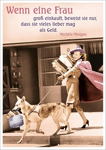 Gutsch Verlag Lustige Postkarte mit Spruch 'Wenn eine Frau groß einkauft, beweist sie nur, dass sie vieles besser mag als Geld.' - Vintage-Stil, Frau mit Einkäufen und Hund. von Gutsch Verlag