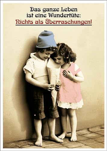 Gutsch Verlag Lustige Vintage Postkarte mit Kindern und Spruch - Das ganze Leben ist eine Wundertüte: Nichts als Überraschungen! - Retro Humor, Geschenkidee von Gutsch Verlag